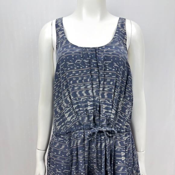 NSF Washed Silk Midi Dress Sz S Navy Blue Boho Printed Pockets Hi Low Scoop Neck - Picture 3 of 11